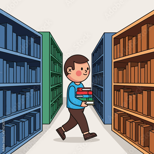 Cartoon Student Carrying Books While Walking in the Library