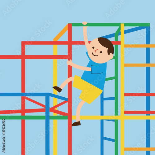 Young Boy Climbing a Colorful Playground Structure