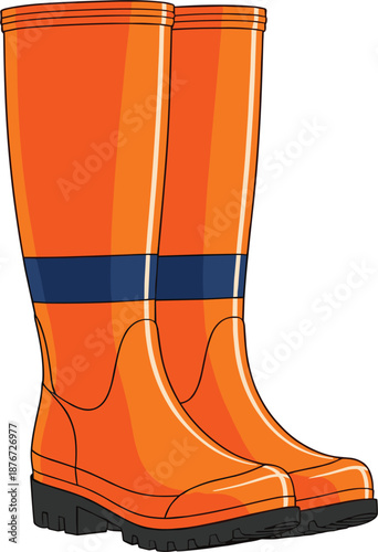 Pair of orange rubber rain boots with black soles for gardening waterproof footwear and rainy weather fashion concepts.