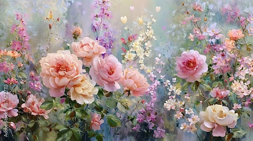Impressionistic oil painting capturing a vibrant spring garden, showcasing various blooming pastel roses and delicate wildflowers, creating an artistic soft floral background texture
