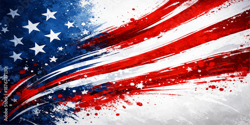 American flag background with red paint splash and ink splatter design featuring a grunge texture and artistic color drops on a dirty backdrop illustration
