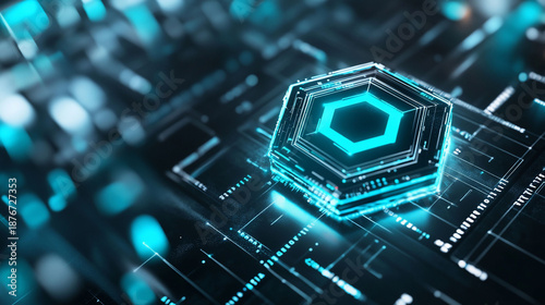 Futuristic digital interface with hexagonal design elements.