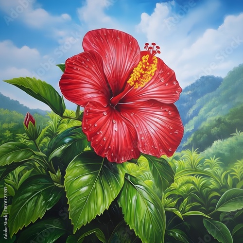 red hibiscus flower against blue sky