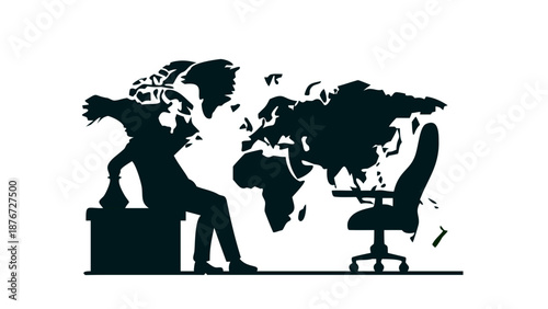 A silhouette of a businessman sitting at a table, moving a giant chess piece on a board shaped like a world map.