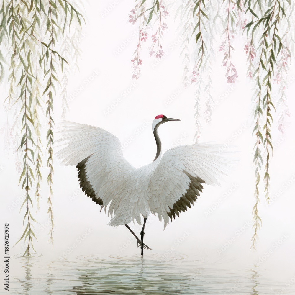 Fototapeta premium Serene artwork of a crane with outstretched wings, standing in shallow water under weeping branches