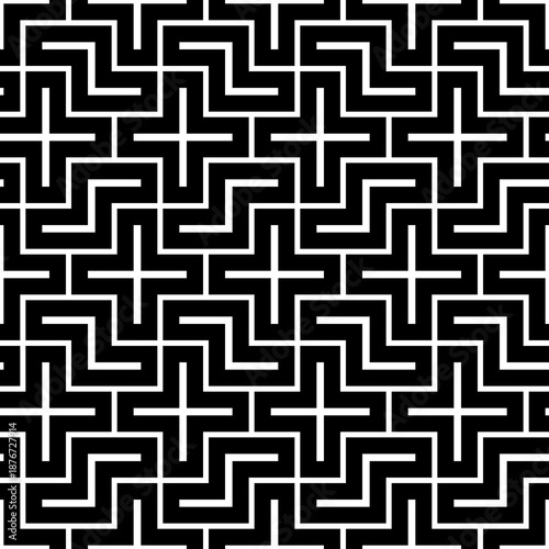 Repeated white puzzle on black background. Seamless surface pattern design with logic mosaic ornament. Tetris motif. Grid wallpaper. Digital paper for page fills, web designing, textile print. Vector.