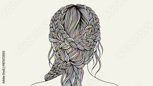 Intricate Braided Hairstyle on Womans Head Back View.