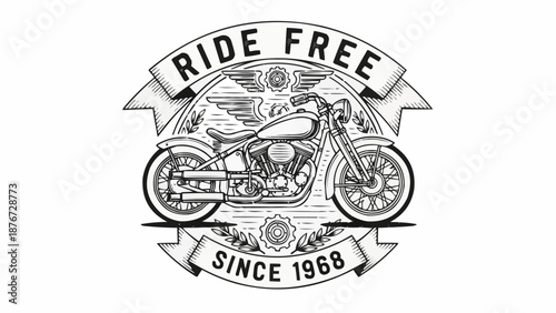 Vintage Motorcycle Emblem Design with Ride Free Since 1968 Text.