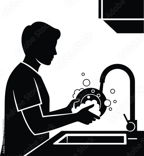 Black silhouette of a man washing dishes in a kitchen sink with soap suds, domestic chores, hygiene, housework, and cleaning.