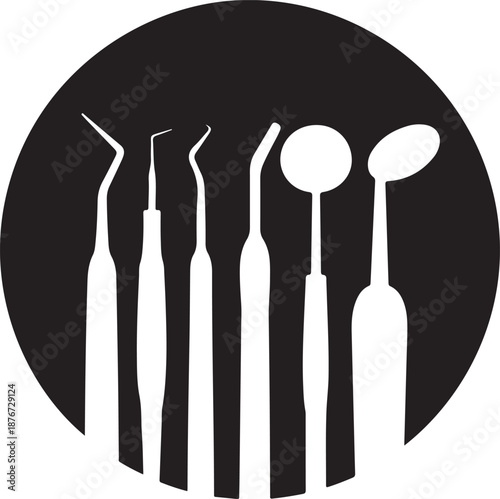 White Dental Instruments Silhouette Icon on a Dark Circular Background