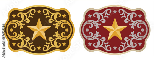 Sheriff star badge rodeo cowboy belt buckle, including wild west cowboy style tag, texas five point star, stylized decorative frame, vector design, rodeo event graphics