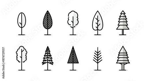 Minimalist tree icons set. Vector line art illustration of various tree shapes and types for nature, environment, and outdoor design.