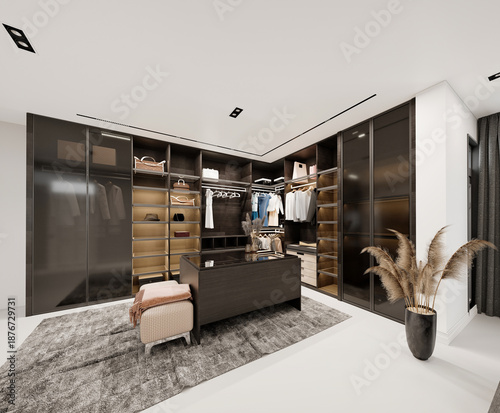 Принти на полотні 3D render of a luxury walk-in closet interior with a modern, minimalist design