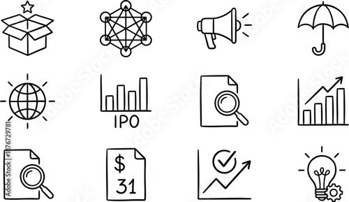 Set of business line icons featuring initial public offering IPO charts global networking umbrella insurance marketing megaphone creative idea bulb and financial analysis report symbols