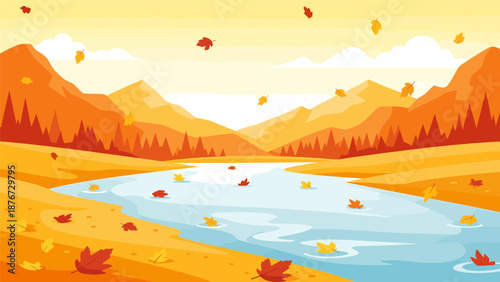 Autumn landscape with river and mountains Autumn.