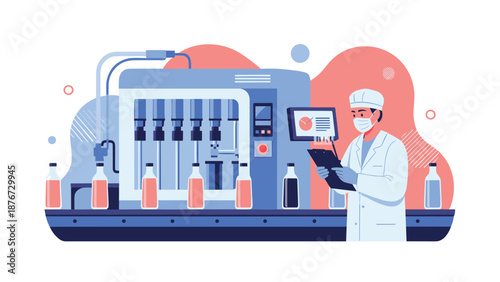 Professional technician in protective gear monitors automated liquid bottling process and industrial machinery in modern factory illustration.
