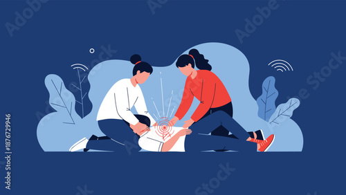 Two people provide emergency first aid and perform chest compressions on a person who has collapsed in a public space to save a life.