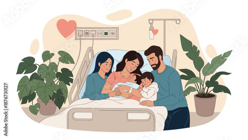 Happy family including parents and older siblings welcome a newborn baby in a hospital room decorated with plants and heart symbols of love.