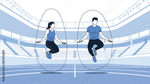 Athletic man and woman are performing a jump rope workout together in a modern indoor stadium to improve their fitness and cardiovascular health.
