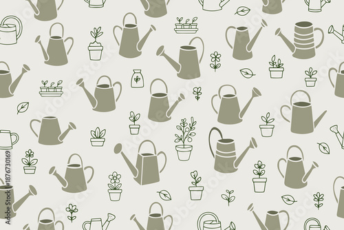  Seamless vector illustration of watering cans and potted plants, featuring simple outlines and shapes. Ideal for gardening themes, textiles, and backgrounds. 