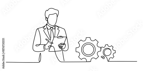 Professional businessman with clipboard overseeing process and engineering gears illustration