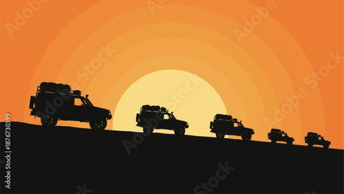 Silhouettes of safari vehicles driving across a desert landscape at sunset.
