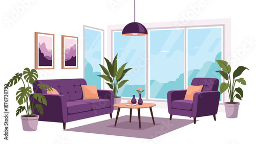 Spacious and bright living room features a purple sofa, matching armchairs, a round coffee table, and several large potted indoor plants.