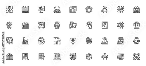Technologies Disruption icon set. Vector symbols for AI, Blockchain, Quantum, Robotics, IoT, 5G, VR, Cryptocurrency, Automation and more.