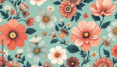 Mid-century modern floral wallpaper — stylized American retro flowers, soft coral and mint colors, classic 1950s print look, full-frame background.