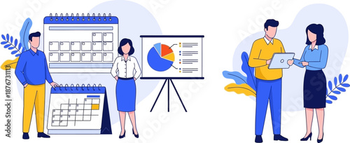 Business team collaboration during strategic planning meeting reviewing annual schedules presenting financial data visualization and optimizing monthly goals