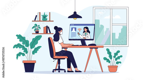 Woman wearing a face mask sits at her desk and has a virtual doctor appointment on a computer screen for a telehealth medical consultation.