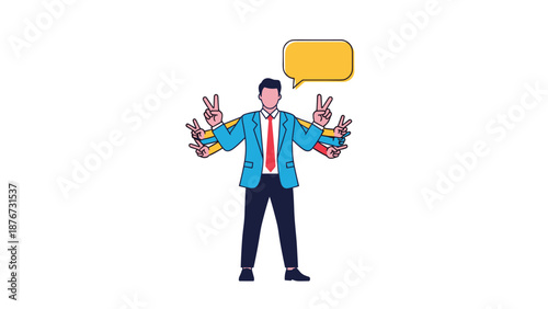 Illustration of a businessman with multiple arms making peace sign gestures next to a yellow speech bubble to represent multitasking skills.