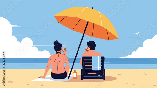 Young couple enjoys a relaxing day at the beach sitting under a large yellow umbrella while looking out at the calm blue ocean waves.