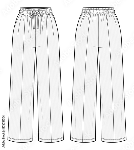 Striped Knit Wide-Leg Pants Technical Fashion Illustration. Relaxed Corduroy-Style Trousers with Elastic Drawstring Waistband and Vertical Texture Detail. Front and Back Views. Women’s Casual Wear. CA