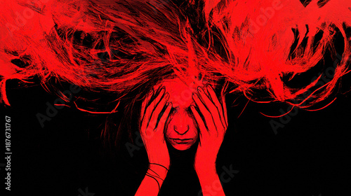 Abstract red and black illustration of a woman overwhelmed by anxiety