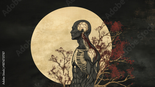Anatomical figure under moonlight, symbolizing healing and introspection