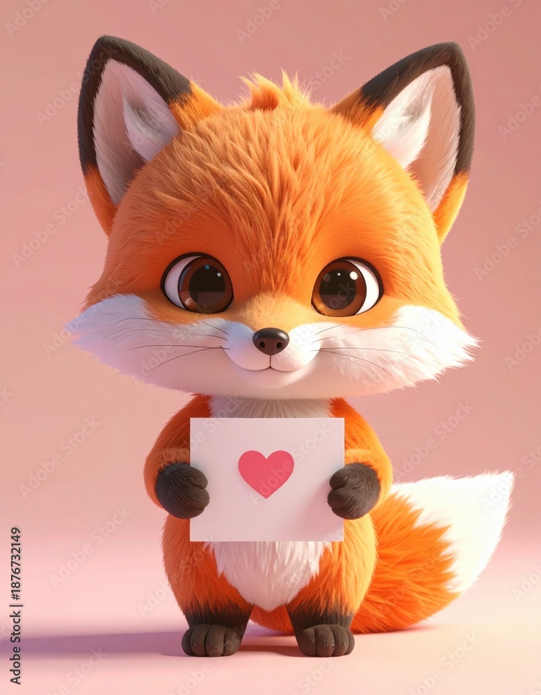 Fototapeta premium A cute, animated fox character holding a heart card, showcasing an adorable expression with fluffy fur and bright eyes against a soft pink background.