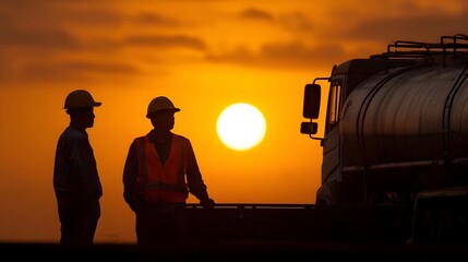 Two industrial workers in silhouette stand by a tanker truck at sunset with the sun low in the orange sky