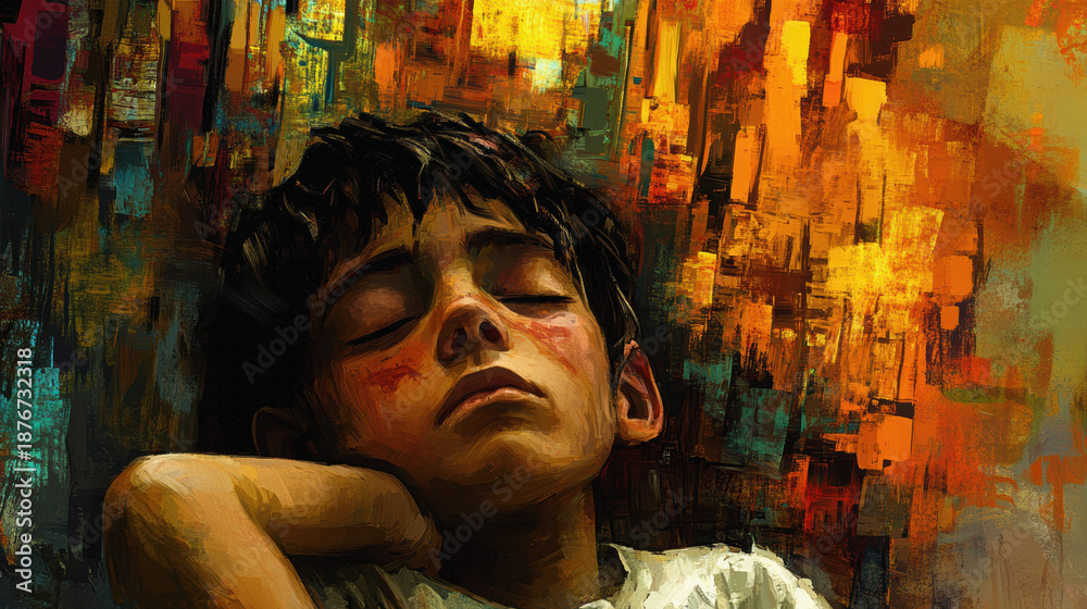 Naklejka premium Emotional portrait of a pensive boy with eyes closed in abstract scene