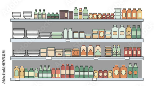 Organized supermarket shelves are stocked with a wide variety of bottled beverages, jars, and packaged food items in a retail store layout.