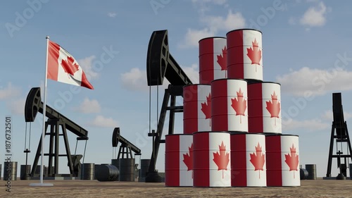 Canada Oil Production and Energy Industry Concept with Flag Barrels and Industrial Pump Jacks