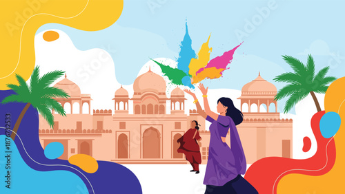 Joyful woman throws colorful powder in the air during the holi festival celebration with a traditional indian palace in the background.