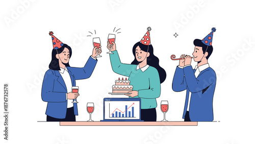 Coworkers celebrate a successful business milestone with party hats, cake, and wine while standing in front of a laptop showing growth.