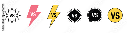 Versus match logo vector set, featuring 6 vs text designs with starburst, lightning bolts, and circular shapes, perfect for digital competitions, esports branding, gaming graphics, and modern vector 