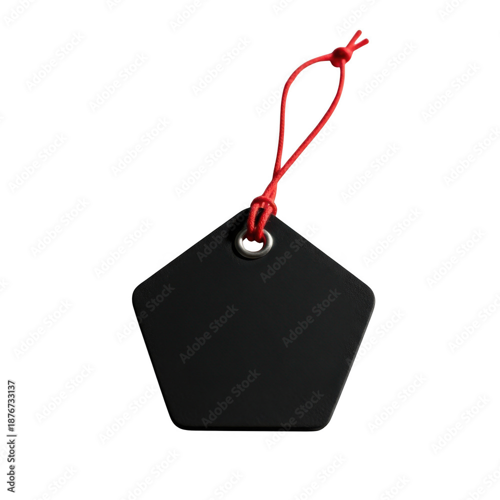 Fototapeta premium Black pentagonal tag with red string isolated on transparent background