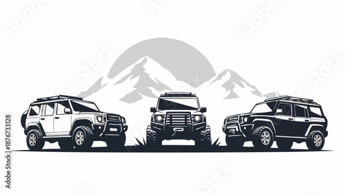 Three rugged off road vehicles parked in front of majestic mountains and sun.