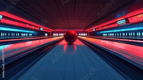 Red bowling ball on lane, futuristic alley, neon lights, night game, entertainment