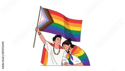 Happy couple celebrates lgbt pride month together while holding a large rainbow flag and wearing colorful pride-themed accessories.