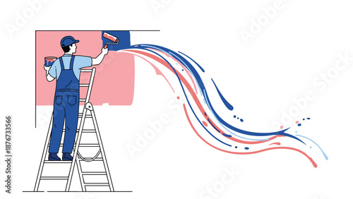 Male painter stands on a ladder and uses a roller to paint a wall with vibrant waves of blue and pink paint in a creative style.