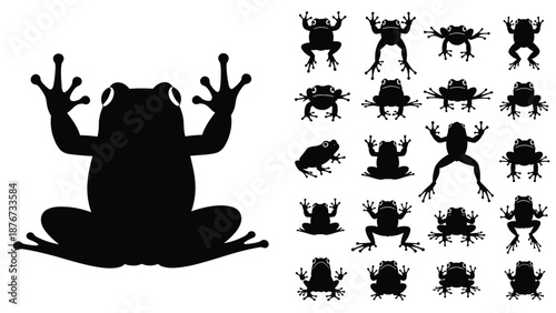 Large set of frog silhouettes, toad and amphibian icons in various poses, nature wildlife vector collection isolated on white, background.